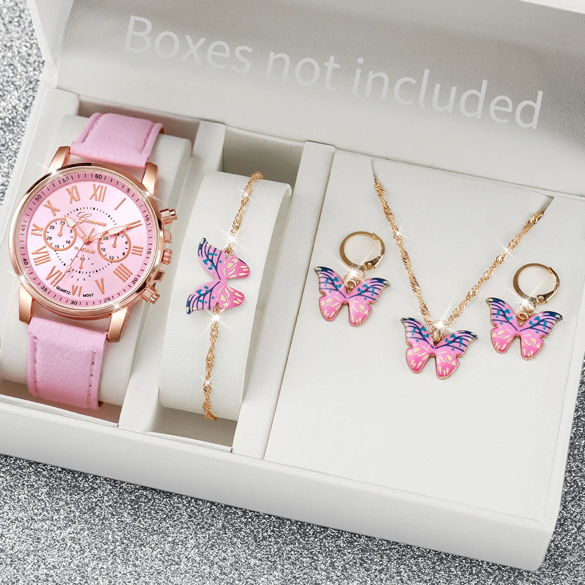 Liveify pink butterfly jewelry set with watch, necklace, bracelet, and earrings in gift box