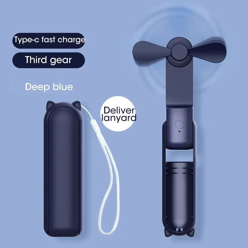 Liveify deep blue portable fan with cat ears, Type-C fast charge, third gear, and lanyard