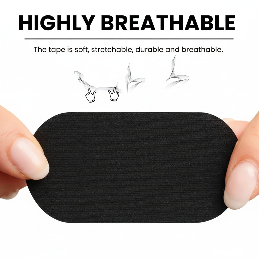 Black breathable tape held between two hands with a purple background and text highlighting its properties.