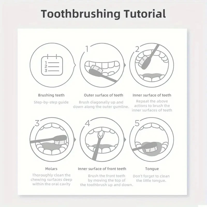 Liveify toothbrushing tutorial infographic with step-by-step guide for brushing teeth, molars, and tongue