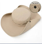 Liveify beige wide-brimmed sun hat with cap button, breathable fabric, outdoor adventure style