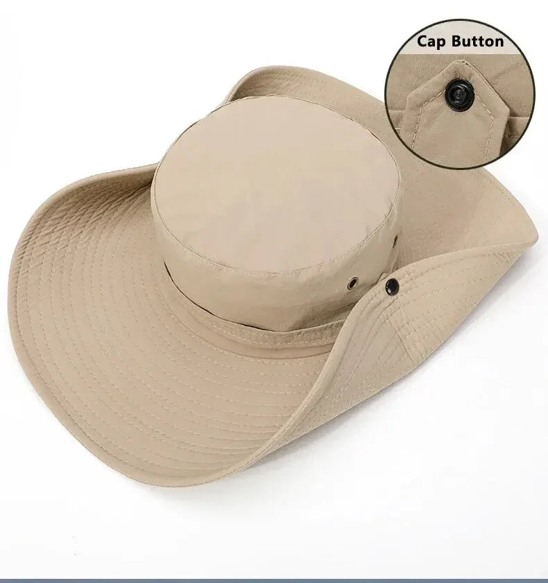 Liveify beige wide-brimmed sun hat with cap button, breathable fabric, outdoor adventure style