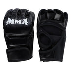 Liveify black MMA gloves with white logo, fingerless design, padded knuckles, and wrist strap for training