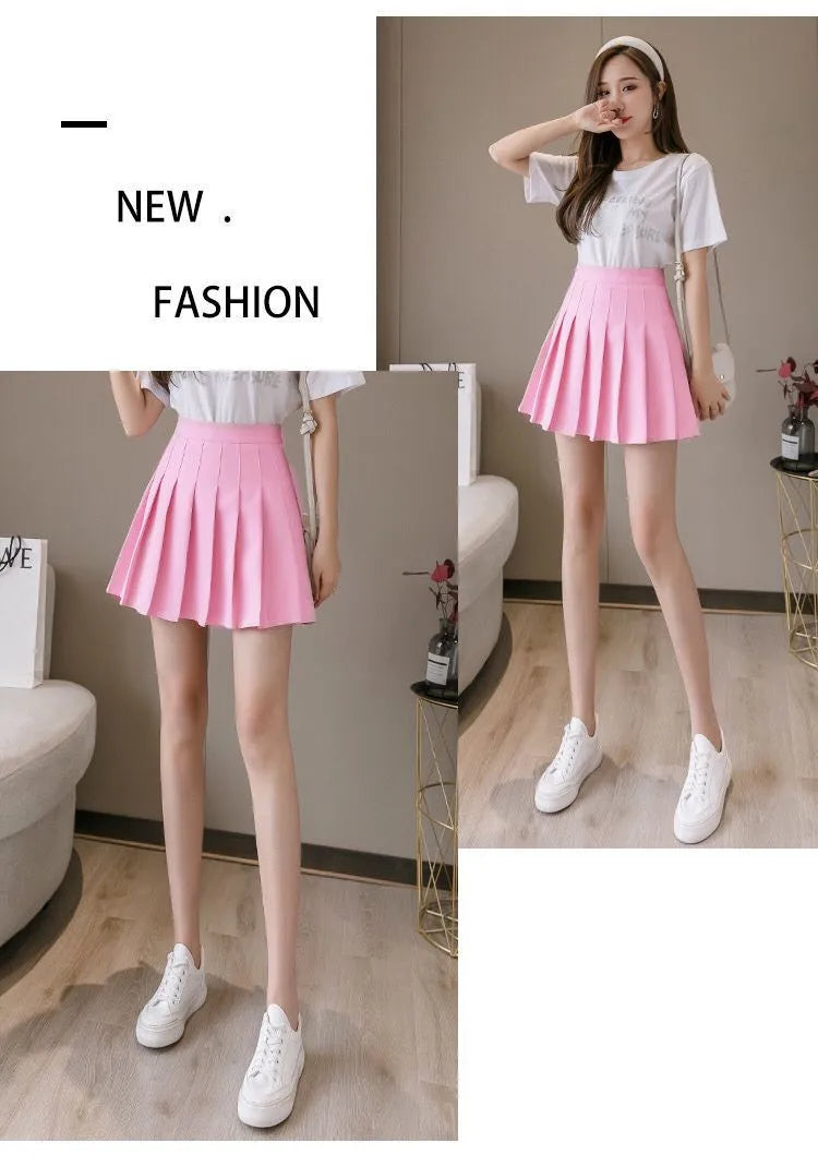 Liveify pink pleated mini skirt with white t-shirt and sneakers, casual summer outfit