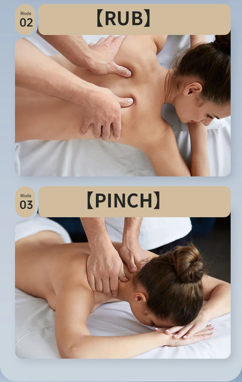 Liveify back massage techniques showing rub and pinch modes on woman receiving therapy
