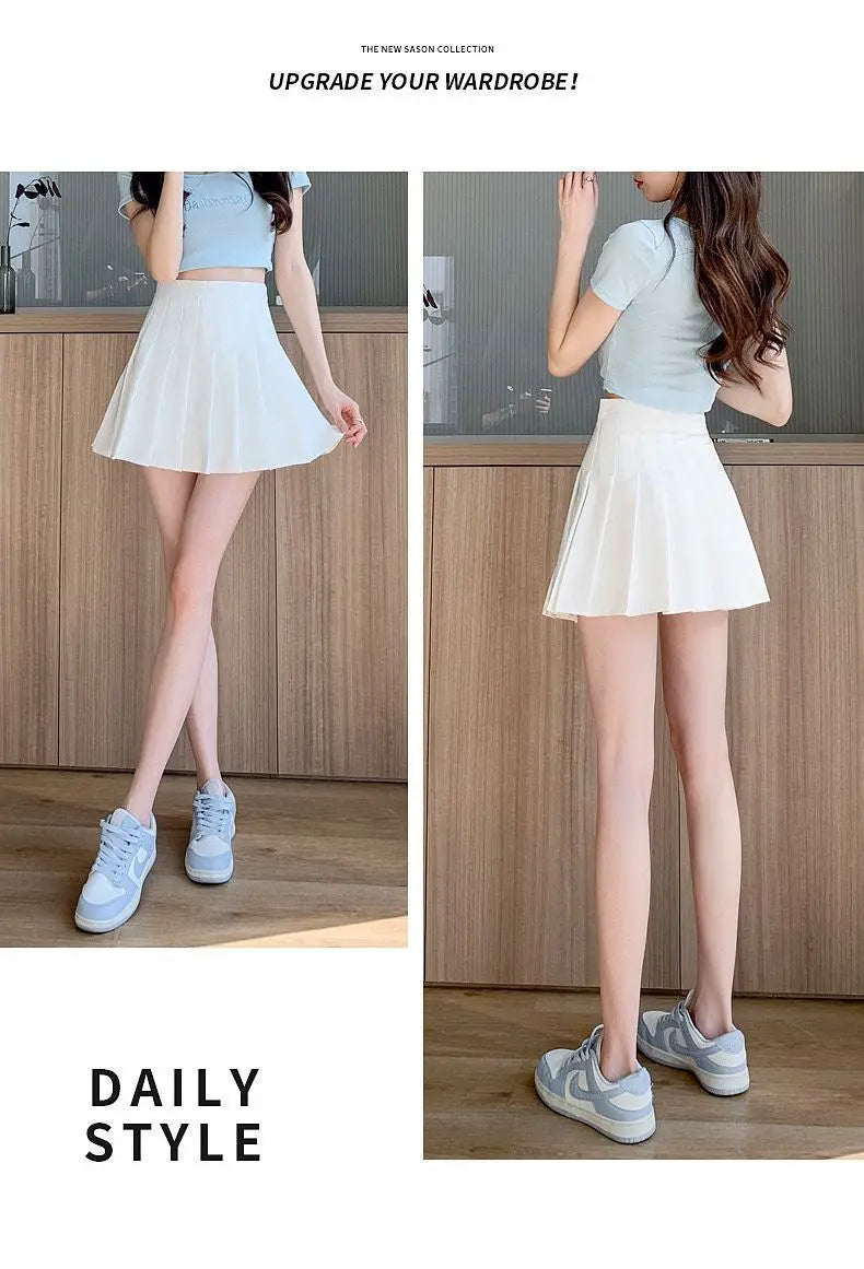 Liveify white pleated mini skirt with daily style fit, paired with light blue crop top and sneakers