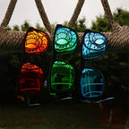 Liveify colorful gradient sunglasses with web-pattern lenses hanging on rope, outdoor fashion accessory