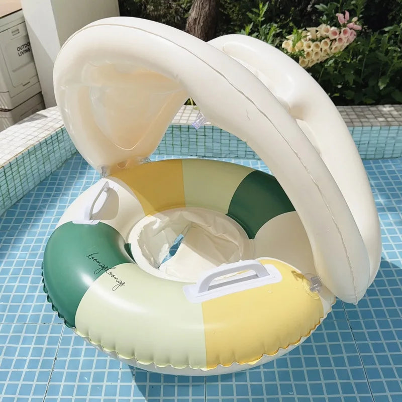 Liveify inflatable baby pool float with canopy, green yellow cream sections, poolside use
