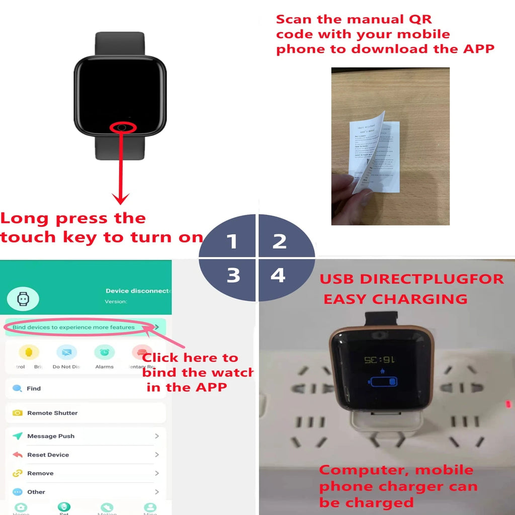 Liveify smartwatch setup guide: turn on, scan QR, bind via app, USB charging