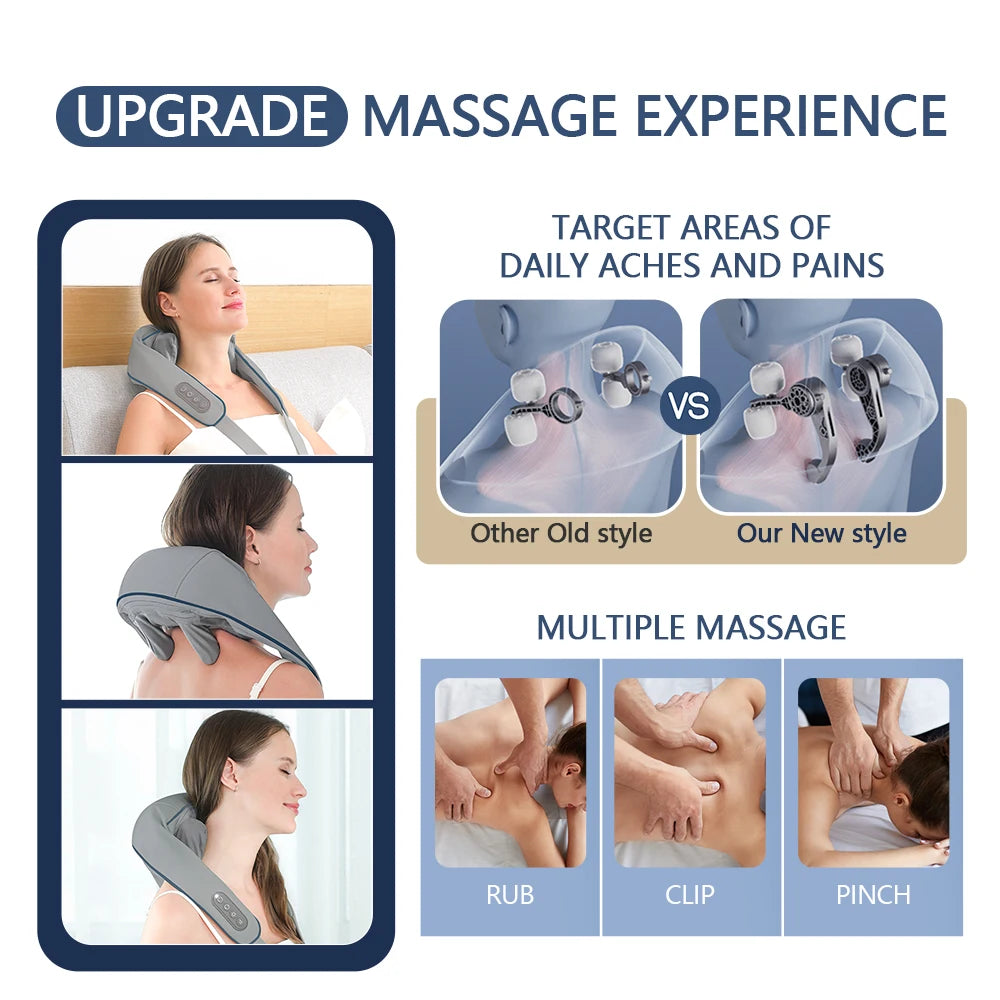 Liveify neck and shoulder massager with rub, clip, pinch modes, gray fabric design for daily ache relief