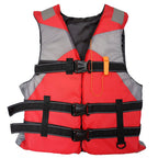 Liveify red and gray adult life jacket with black straps, buckles, and orange whistle for water safety