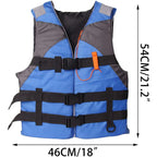 Liveify blue and gray life vest with black straps and orange whistle, 54cm x 46cm