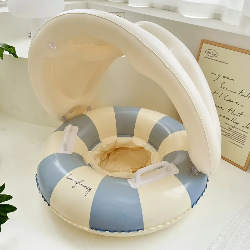 Liveify baby pool float with canopy, blue and cream stripes, inflatable design, handles for safety