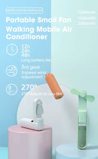 Liveify portable small folding fan in white and mint green, 3-speed adjustable with 270° tilt, long battery life for walking or mobile use