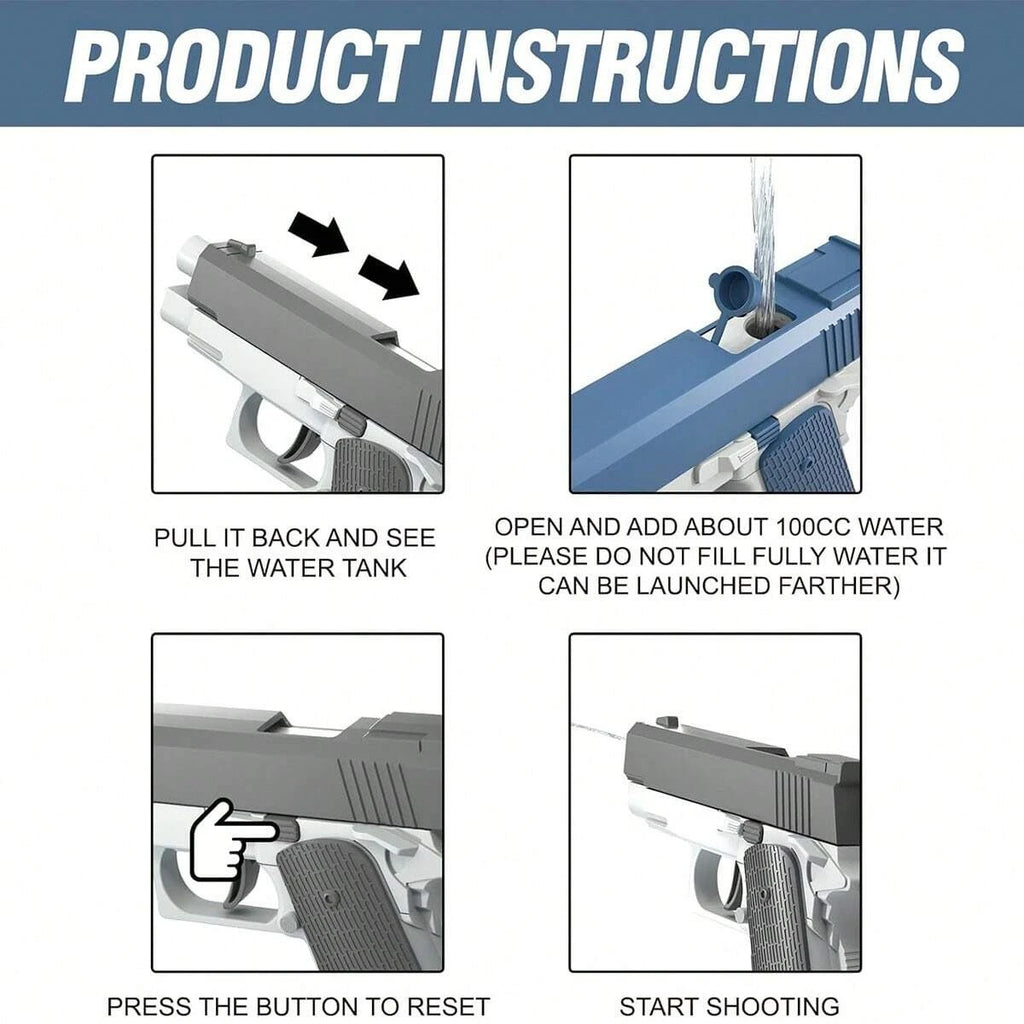 Liveify water gun instructions: pull back, fill 100cc water, press reset button, shoot—gray and blue plastic toy