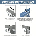 Liveify water gun instructions: pull back, fill 100cc water, press reset button, shoot—gray and blue plastic toy
