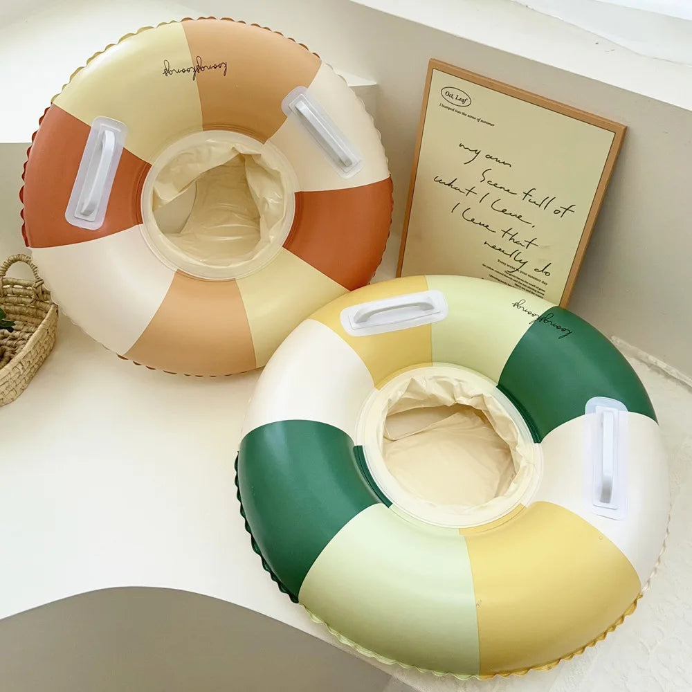 Liveify inflatable pool float with pastel color blocks, white handles, and scalloped edges for summer pool fun