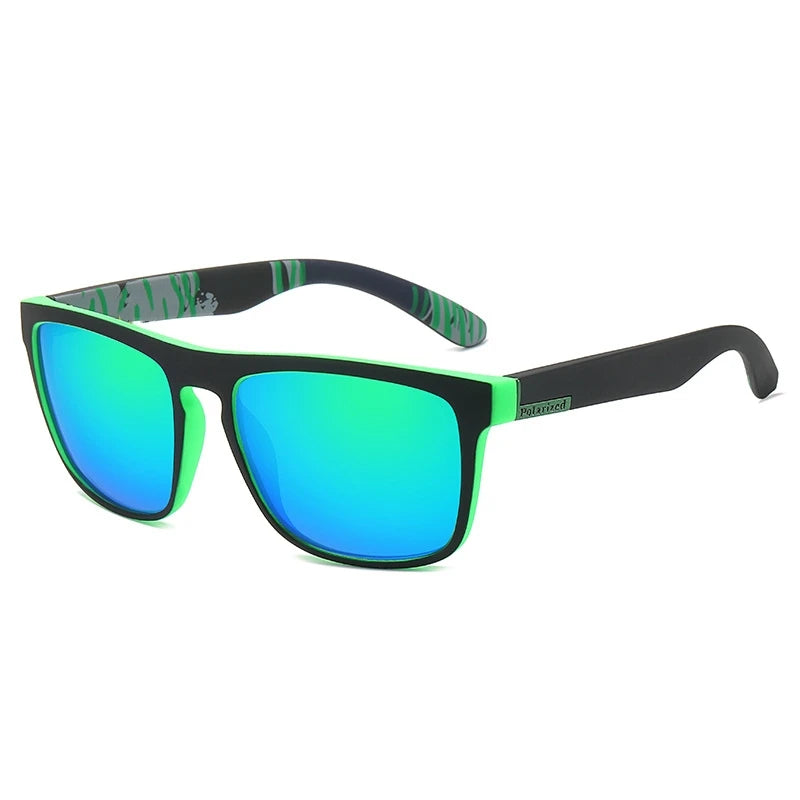 Liveify polarized sunglasses with black frame, green accents, and blue-green mirrored lenses