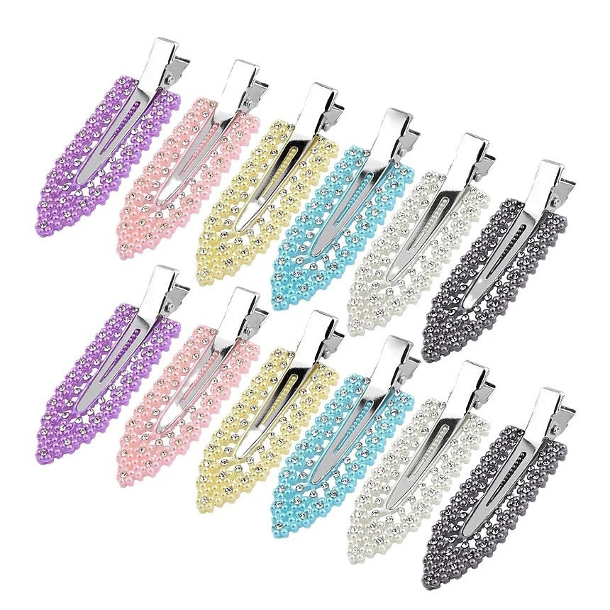 Liveify rhinestone hair clips in purple, pink, yellow, blue, white, and gray, crystal-embellished metal clips for styling