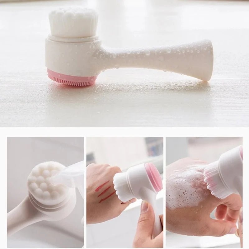 Liveify white and pink silicone facial cleansing brush with soft bristles, shown wet and in use for skincare routine
