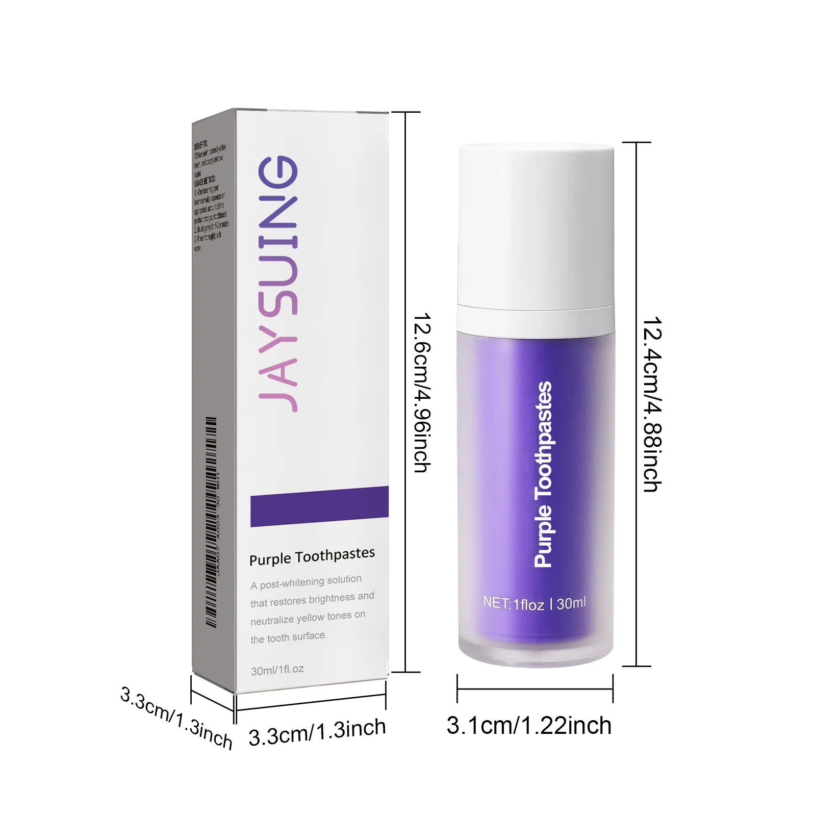 Liveify purple toothpaste in clear bottle with white cap, 30ml, next to white JAYSUING box, post-whitening solution