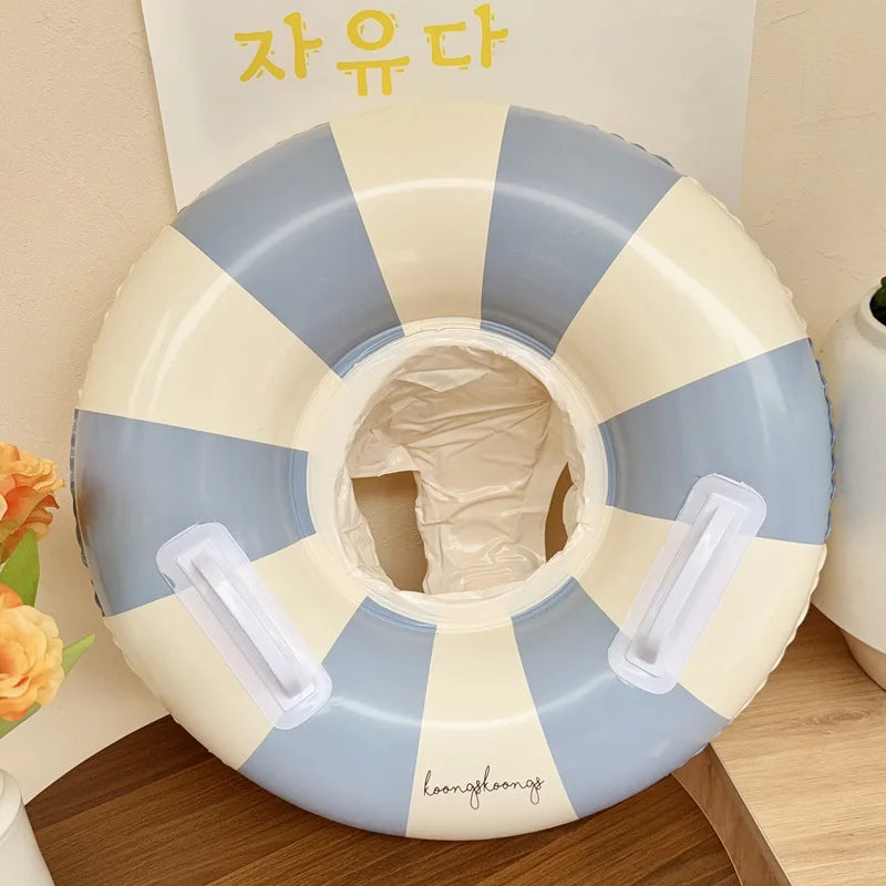 Liveify blue and cream striped inflatable pool float with white handles, stylish summer accessory for poolside relaxation