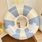 Liveify blue and cream striped inflatable pool float with white handles, stylish summer accessory for poolside relaxation