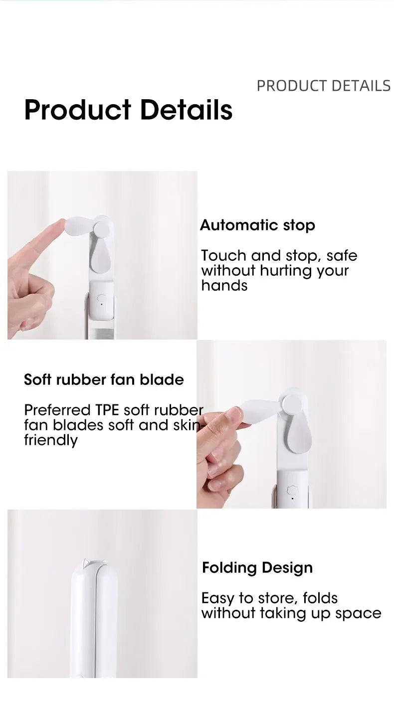 Liveify white foldable handheld fan with soft TPE rubber blades, touch-stop safety, compact design