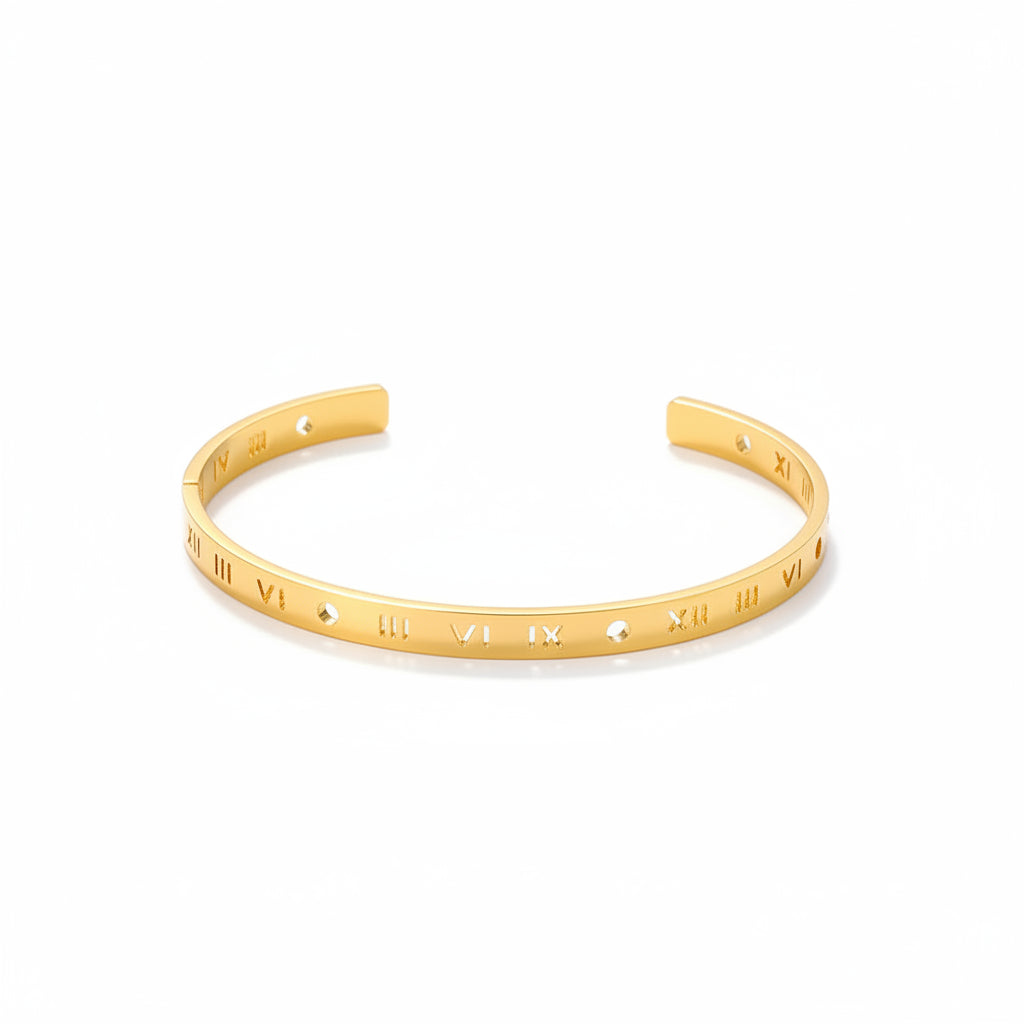 Liveify gold Roman numeral cuff bracelet with minimalist design on soft fabric background