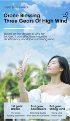 Liveify portable handheld fan with 3-speed settings, white design, UAV blade tech for strong wind, outdoor summer use