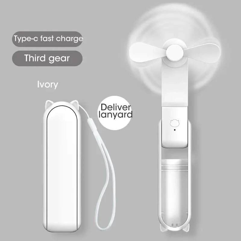 Liveify ivory portable USB fan with cat-ear design, Type-C fast charge, third gear, and lanyard for easy carry