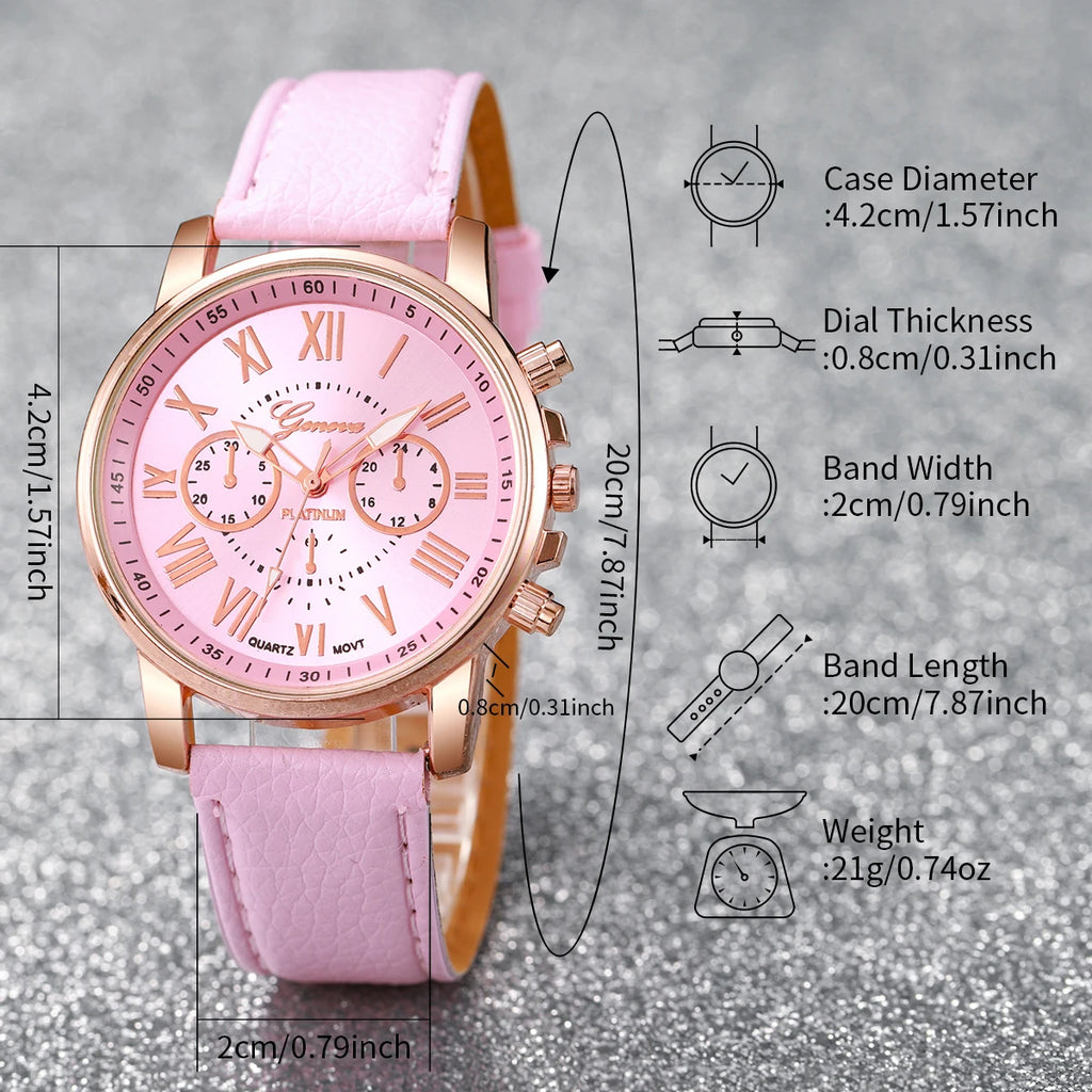 Liveify pink leather strap watch with rose gold case, Roman numerals, chronograph dials, and quartz movement