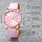 Liveify pink leather strap watch with rose gold case, Roman numerals, chronograph dials, and quartz movement