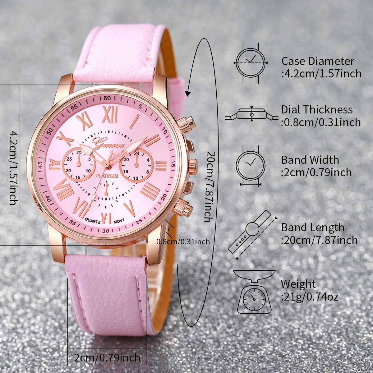 Liveify pink leather strap watch with rose gold case, Roman numerals, chronograph dials, and quartz movement