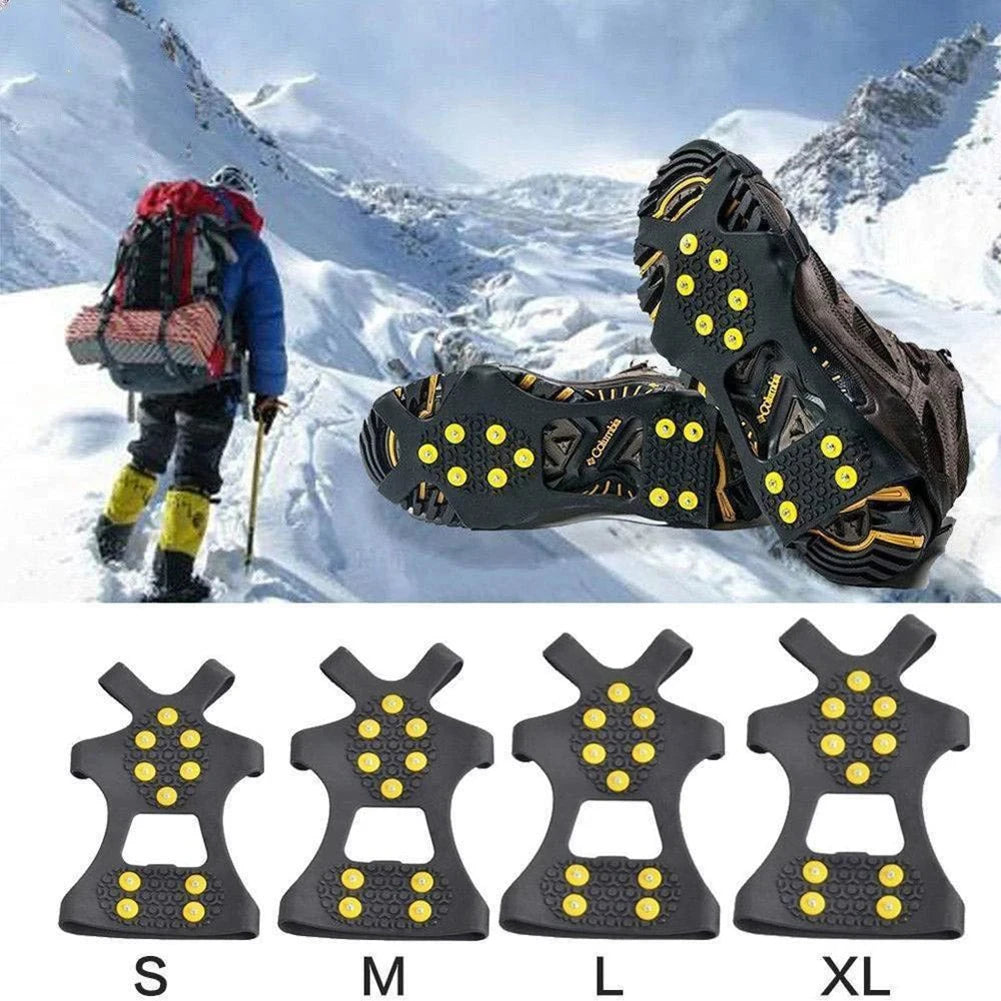 Liveify black rubber snow traction cleats with yellow spikes, shown on boots in snowy mountains, sizes S M L XL