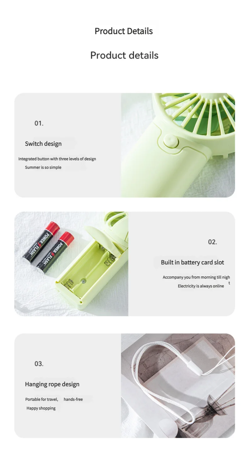 Liveify portable mint green handheld fan with 3-speed switch, battery slot, and hanging rope for travel