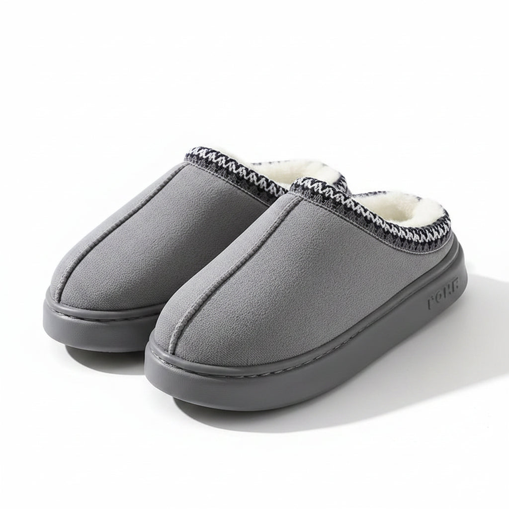 Liveify gray cozy indoor slippers with white fleece lining and knit trim, soft sole for home comfort