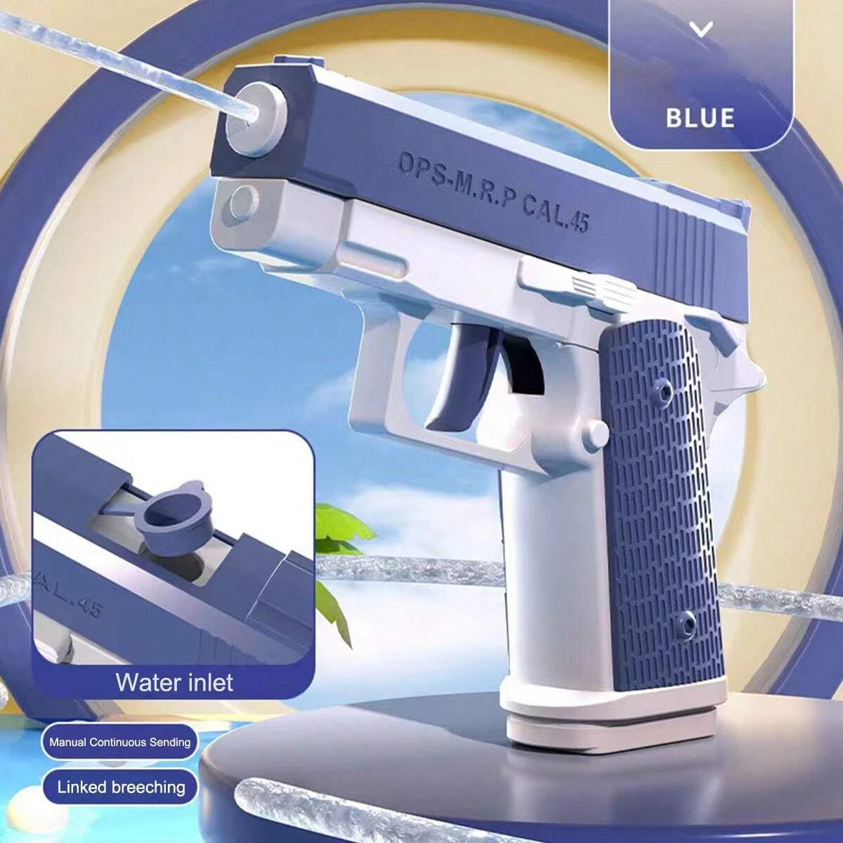 Blue and white cleaning gun with water inlet feature on a blue and beige background