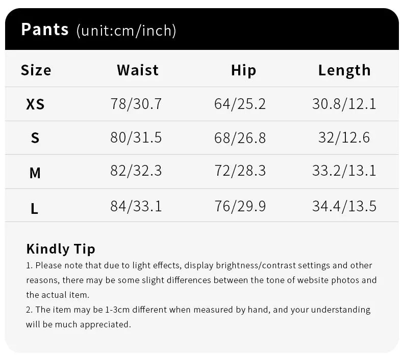 Liveify pants size chart with measurements for XS to L, including waist, hip, and length in cm/inch