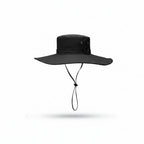 Liveify black wide-brimmed sun hat with adjustable chin strap, ideal for outdoor activities
