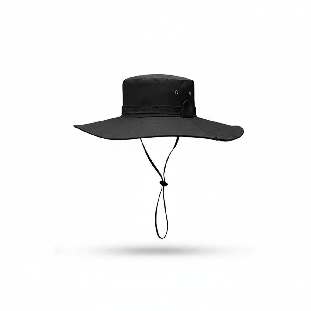 Liveify black wide-brimmed sun hat with adjustable chin strap, ideal for outdoor activities