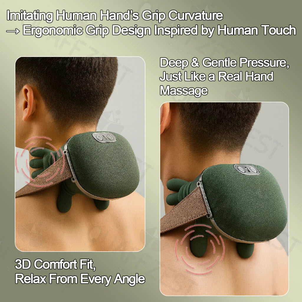 Green neck massager being used on a person's neck with text highlighting its ergonomic design and massage benefits.