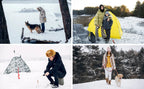 Liveify winter outdoor scenes: snow fishing, yellow tent camping, dog walks, and cozy coats in snowy landscapes