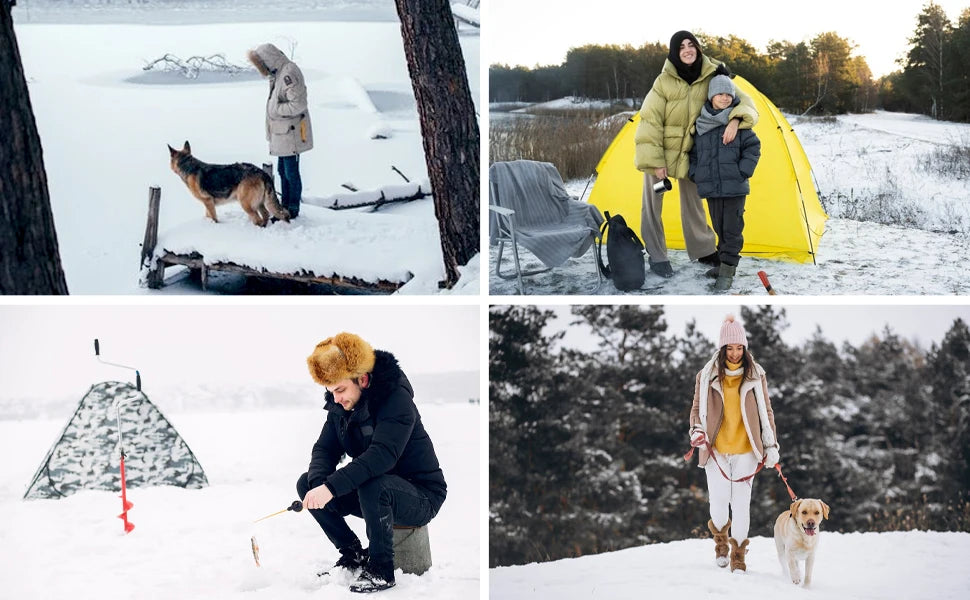 Liveify winter outdoor scenes: snow fishing, yellow tent camping, dog walks, and cozy coats in snowy landscapes