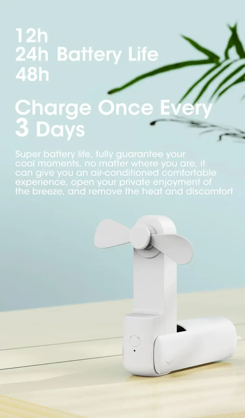 Liveify white portable USB fan with 48h battery life, compact design for desk or travel cooling