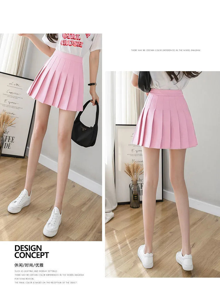 Liveify pink pleated mini skirt, casual fashion style, lightweight material, paired with white sneakers
