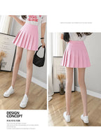 Liveify pink pleated mini skirt, casual fashion style, lightweight material, paired with white sneakers