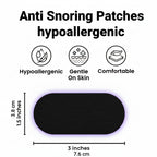 Anti snoring patch with hypoallergenic, gentle on skin, and comfortable features on a purple geometric background.