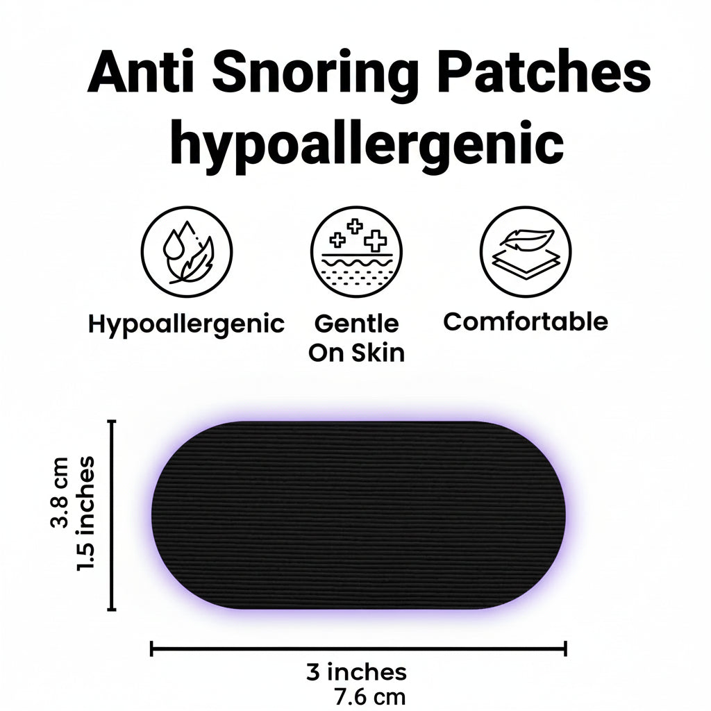 Anti snoring patch with hypoallergenic, gentle on skin, and comfortable features on a purple geometric background.