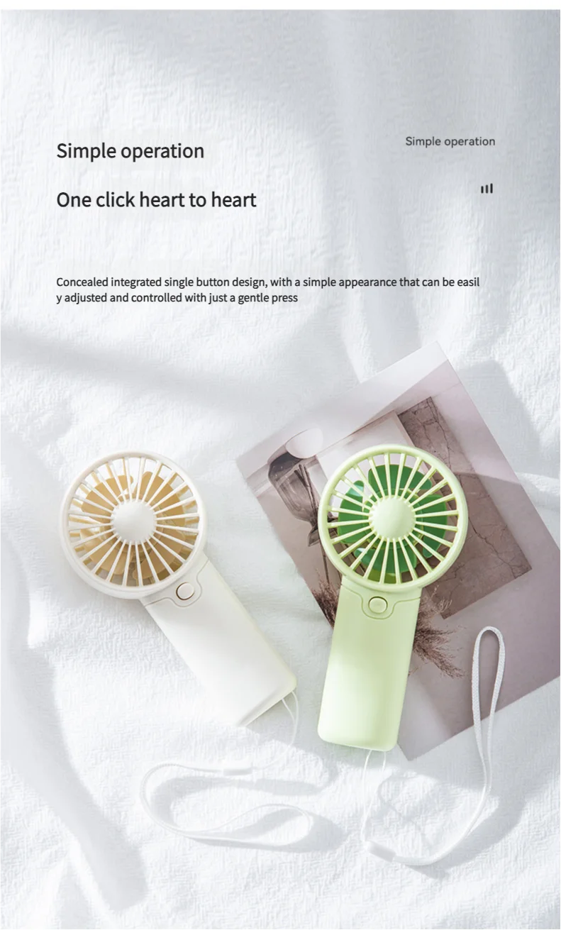 Liveify portable handheld fan in white and mint green, featuring simple one-click button operation and wrist strap for easy carry.